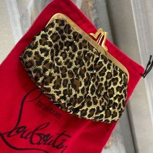 Christian Louboutin gold leopard print clutch purse ~7”x5” clasp